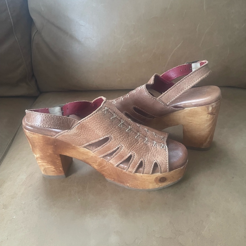 Bed Stu Tan Leather Mules with Wooden Heel